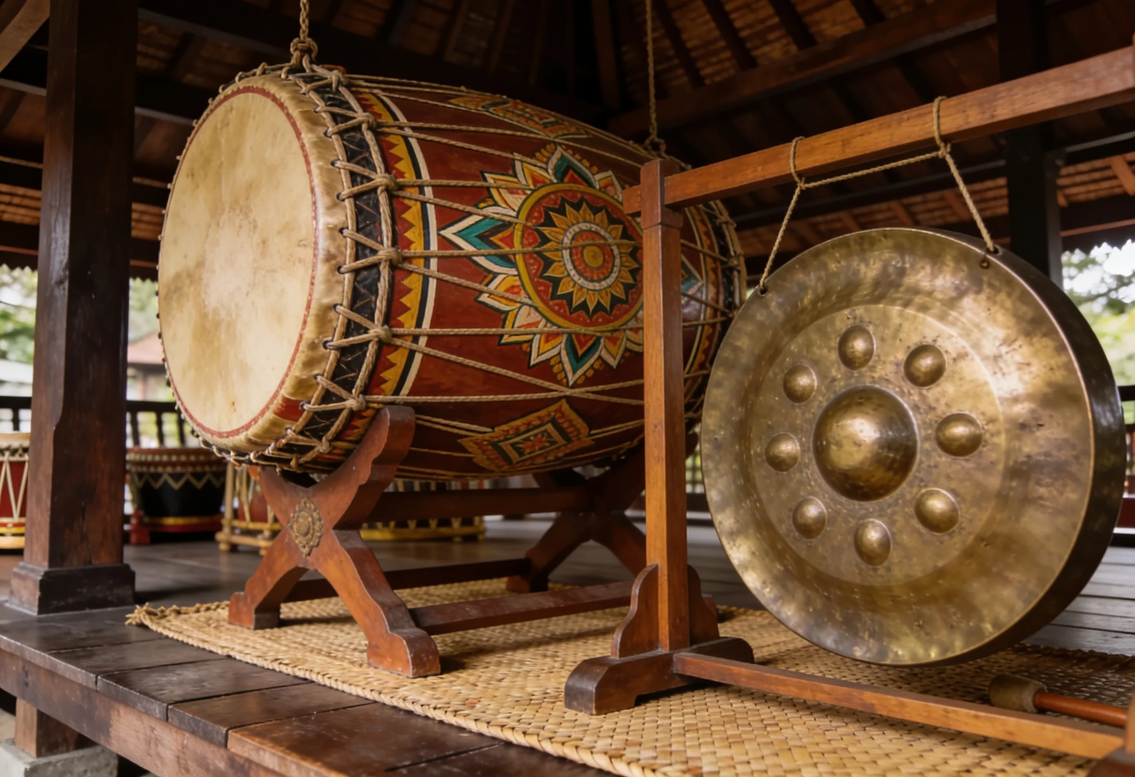 A row of traditional Kelantanese rebana drums and a giant wau kite resting at an open-air cultural arena at golden hour, no people in focus, no puppets, dignified and calm.