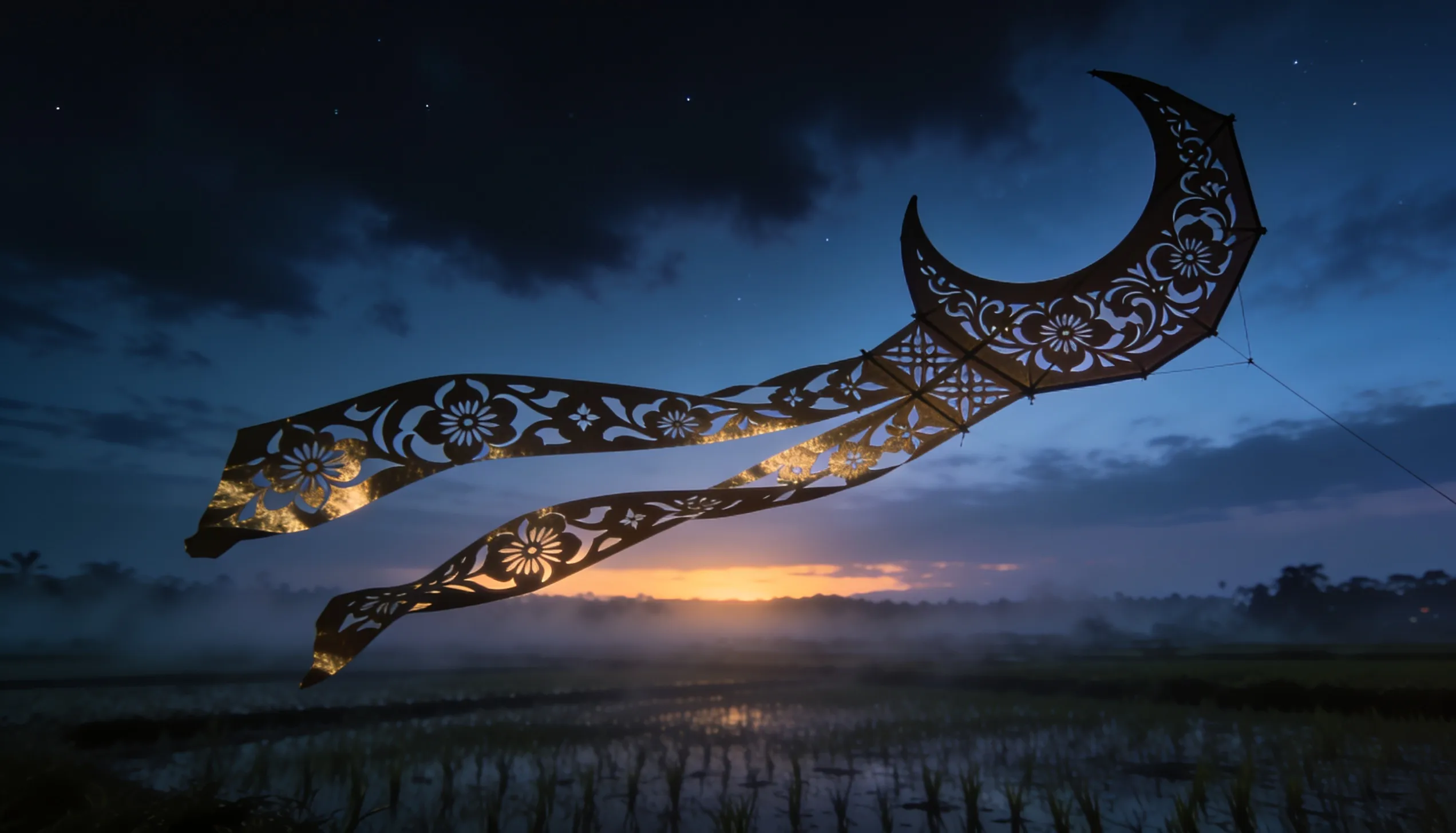 A gold filigree Wau Bulan kite flying against a Kelantan dusk sky over misty paddy fields.
