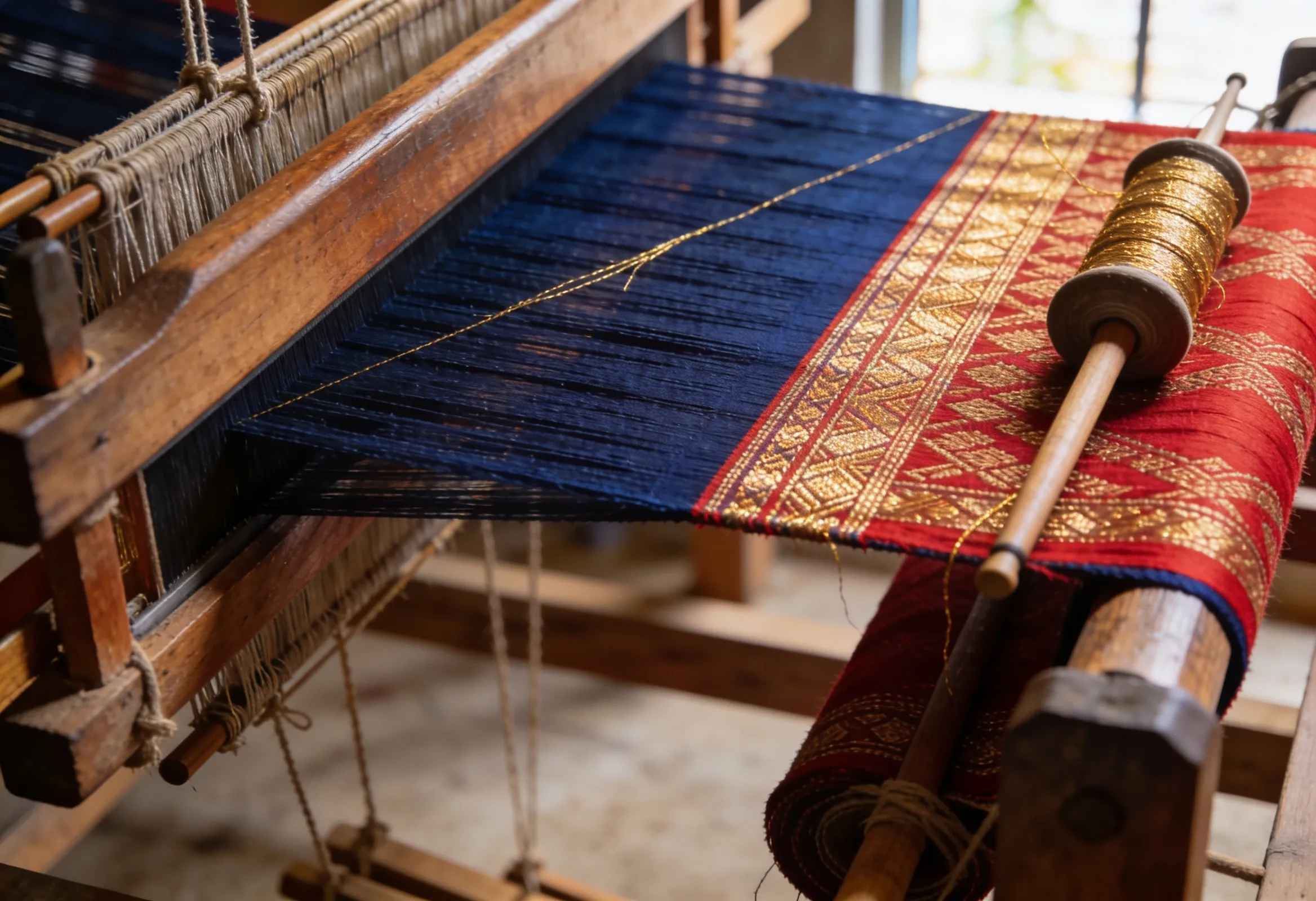 Close view of a wooden handloom with gold-threaded songket in progress and folded batik lengths beside it, hands implied but no faces in focus, modest and warm daylight.