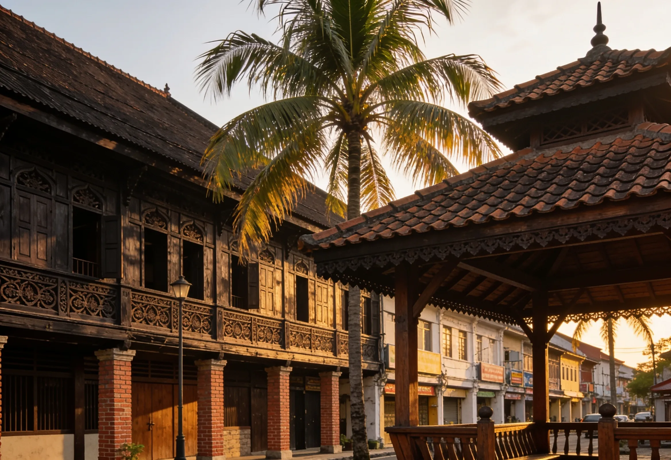 A quiet early-morning street in old Kota Bharu with colourful market awnings and a heritage museum facade behind, modestly dressed figures small and blurred in the distance, no faces in focus.