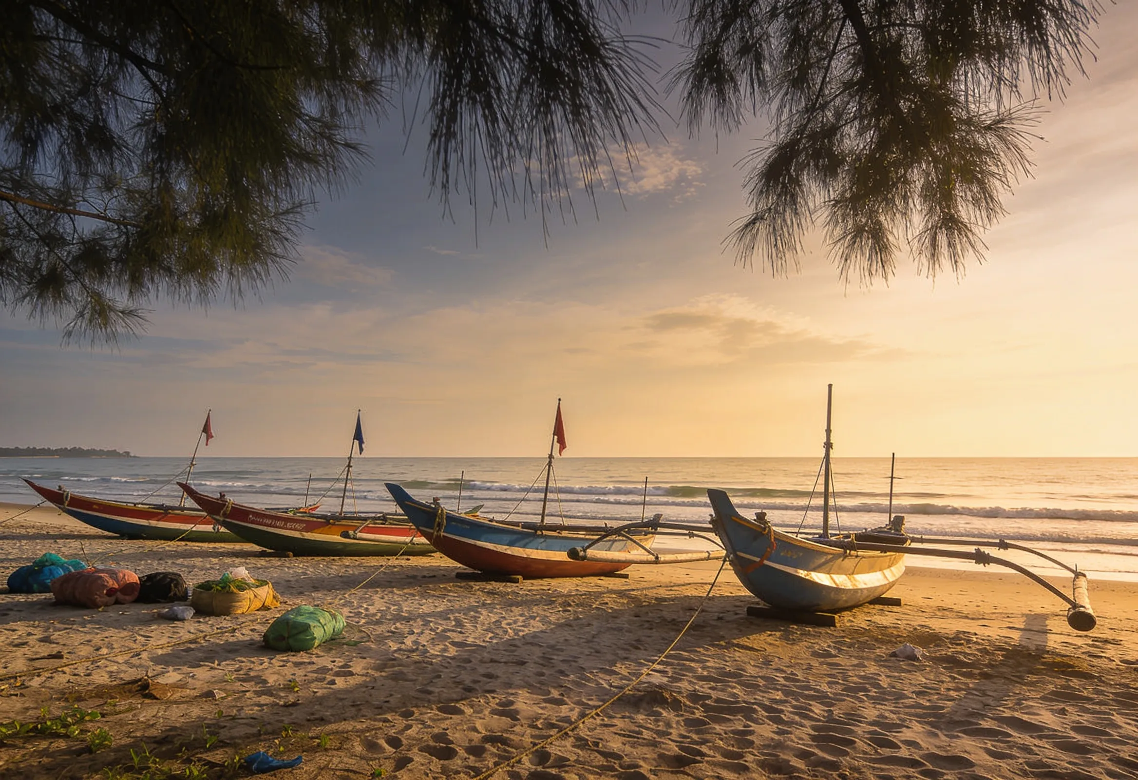 Golden-hour light over the wide sandy shore of Pantai Cahaya Bulan with calm sea, traditional fishing boats drawn up on the beach, and a family in modest dress walking at a distance, no identifiable faces in focus.