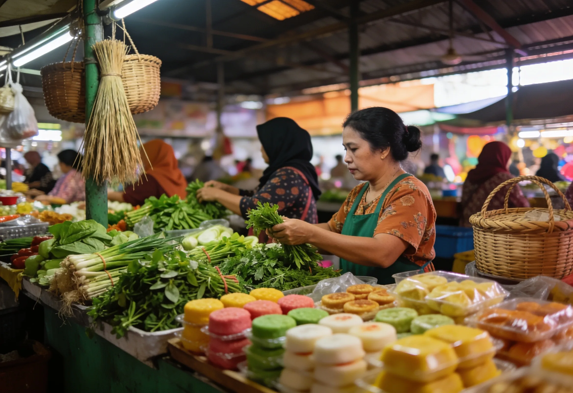 Morning at Pasar Siti Khadijah in Kota Bharu, women traders arranging fresh produce and local breakfasts under warm market light.